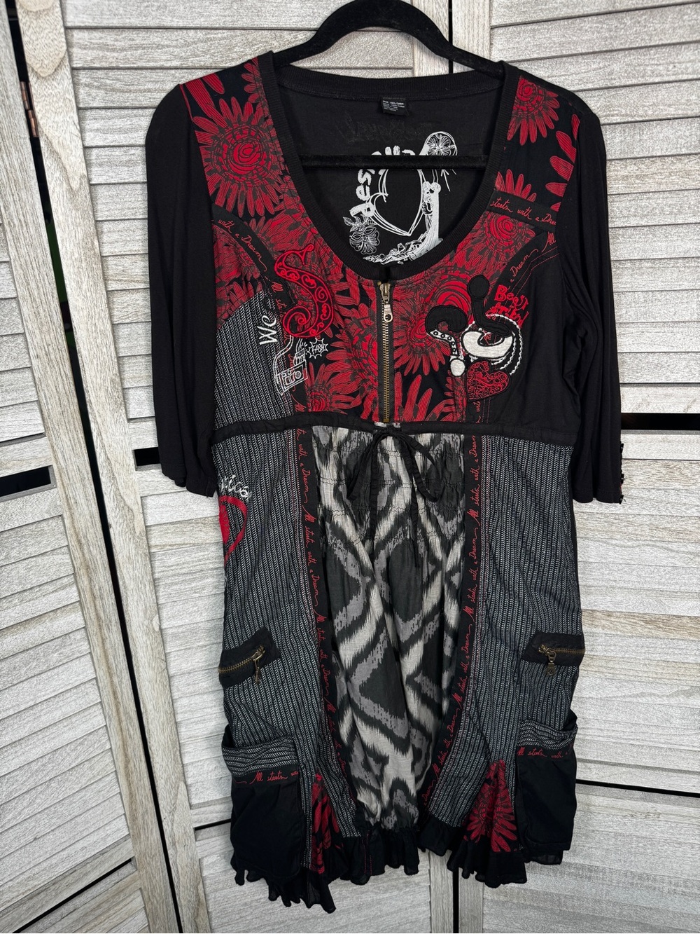 Desigual Abeth Patchwork Dress 42 Black Red Embroidered Boho